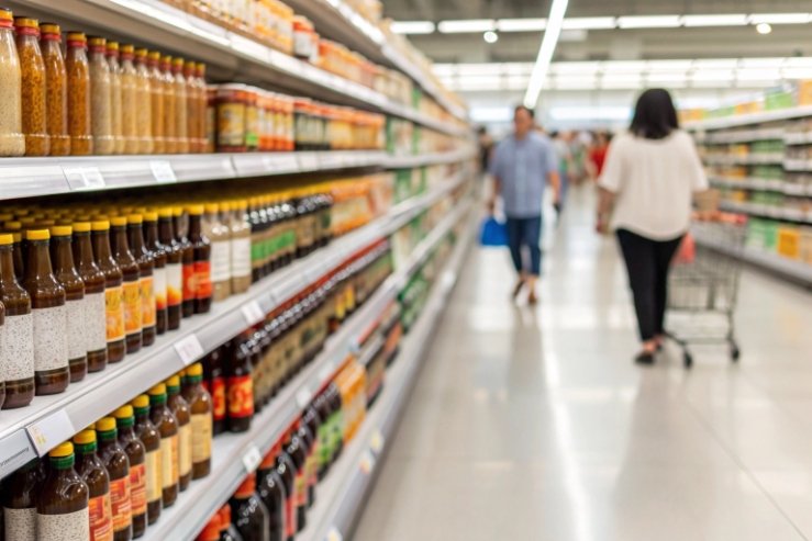 Grocery store aisle with shelves packed with bottled sauces/condiments; shoppers walking down the aisle under bright retail lighting
