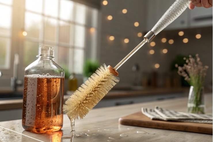 Refillable cleaning solution bottle with brush scrubbing on kitchen counter