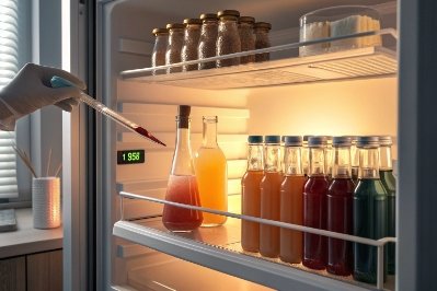 Assorted juice bottles cooling on refrigerator shelf for beverage packaging display