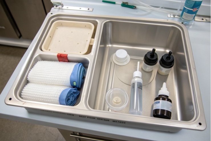 Cleaning kit with small bottles, droppers, and towels placed in stainless sink.
