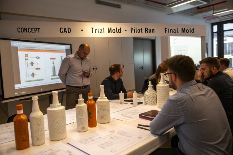 Design team reviewing CAD layouts and prototype glass bottles from concept to final mold