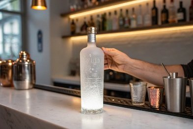 Bartender presents frosted etched liquor bottle on bar counter with mixing tools