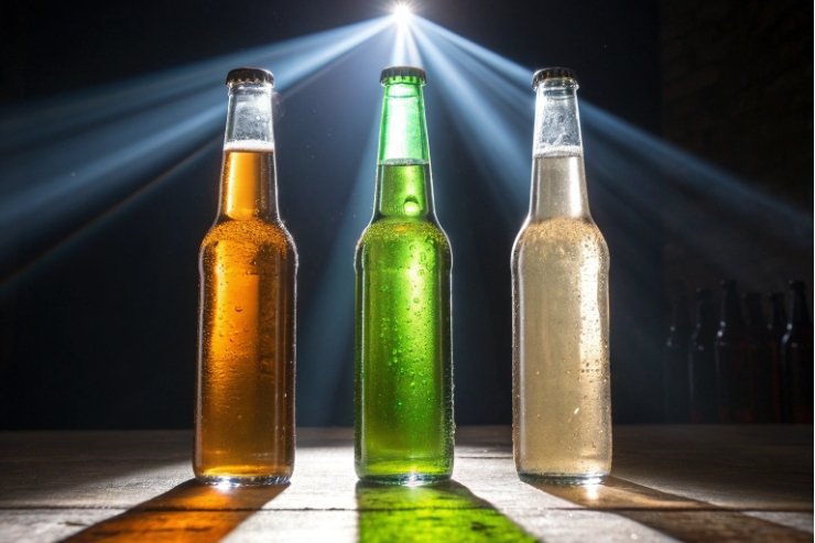 Amber, green, and clear beer bottles with condensation under dramatic studio light.