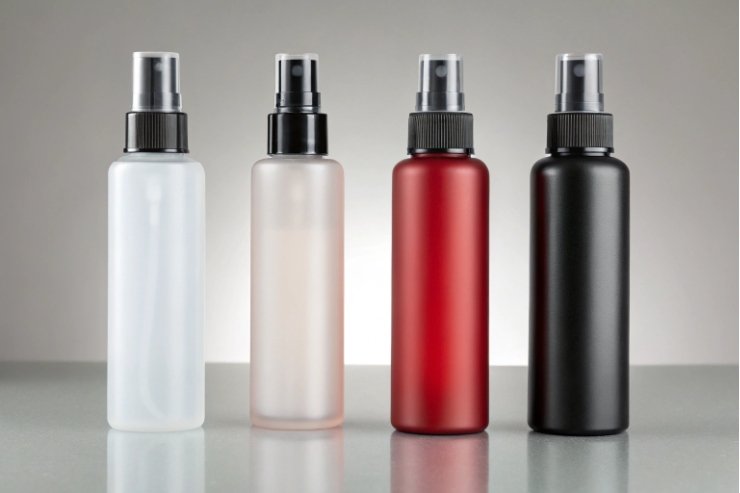 Frosted cosmetic mist spray bottles with black pumps in white, red, and black.
