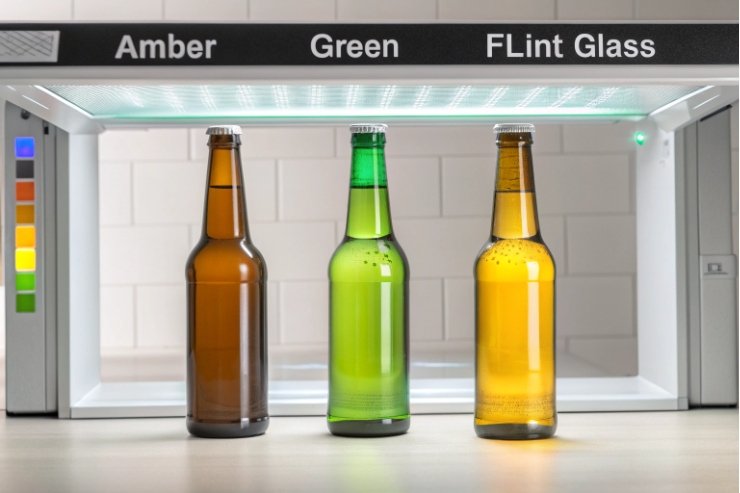 Amber, green and flint glass bottles under lightbox