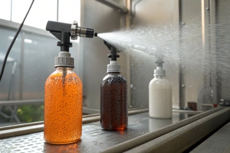 Trigger spray pump bottles tested under high-pressure water spray in factory