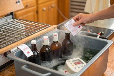 Brown glass bottles soaking in hot wash bin while labels are removed by hand
