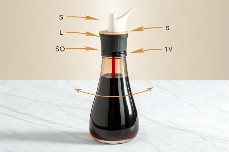 Glass bottle with adjustable pour spout for soy sauce