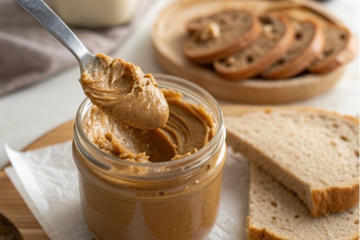 Spoon scooping nut butter from clear glass jar beside sliced bread.