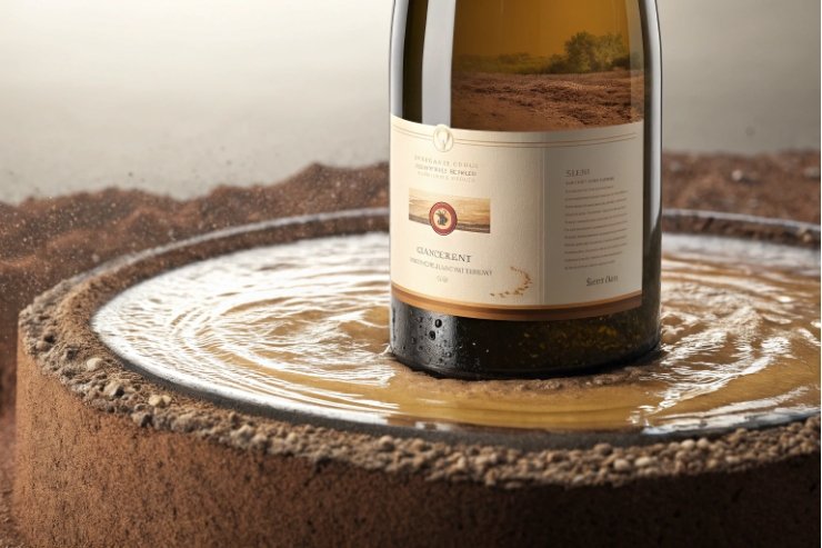 Wine bottle in sandy soil with focus on intricate label design