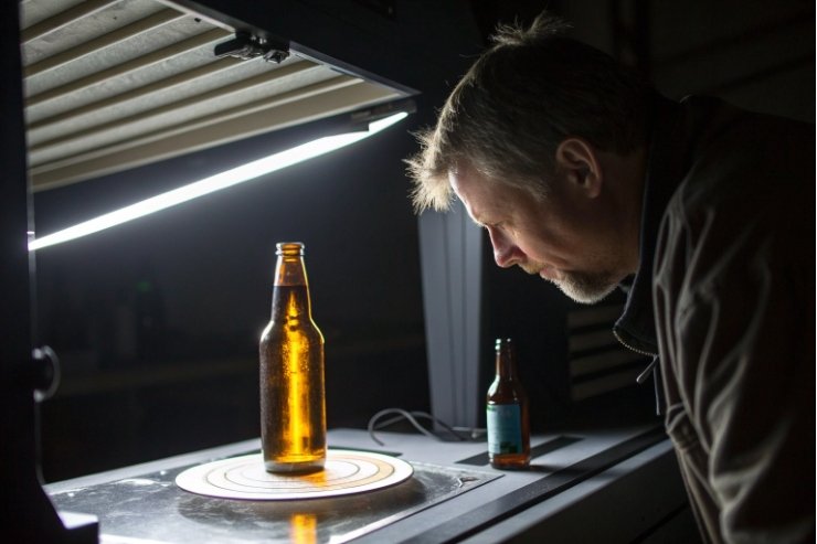 Engineer examining amber beer bottle in light box for clarity and defects
