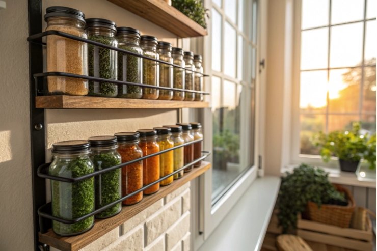 Wall-mounted spice rack with glass jars, herbs and seasonings by window
