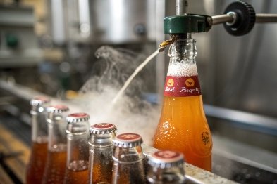 Orange drink filled into glass bottles on production line with foam and steam