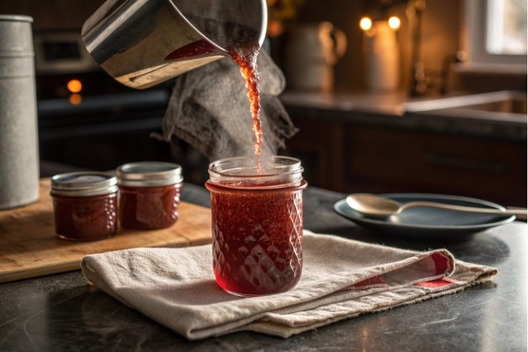 Hot jam poured into mason jar for home canning on kitchen counter