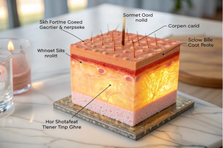 Layered cross-section model with labeled pins showing internal structure and surface layers.