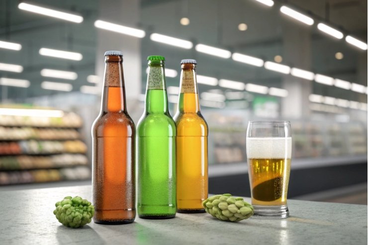 Amber, green and clear beer bottles with hops and a pint glass on counter
