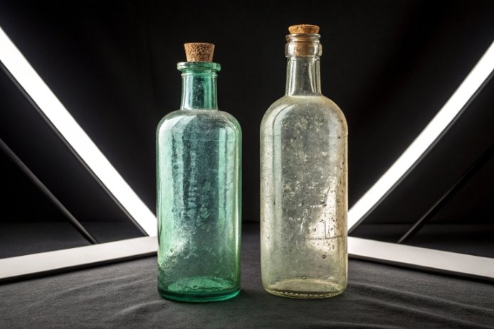 Two corked glass bottles, green and clear, photographed in studio lighting setup.