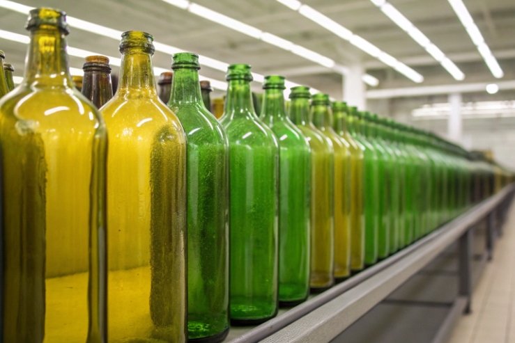 Green and amber glass bottles lined on conveyor for inspection and filling