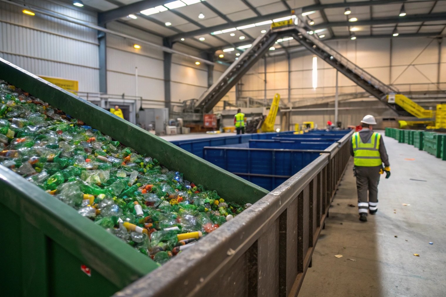 indoor recycling plant with conveyor full of mixed glass packaging heading toward sorting bins