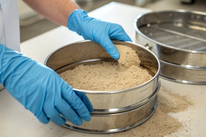 Lab technician sieving sand batch material with metal screen for glass production