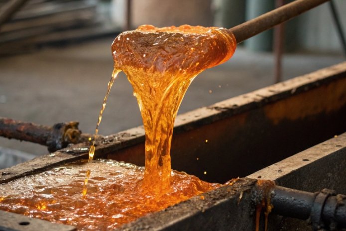 Molten glass pouring from ladle into trough showing high temperature glass melting process