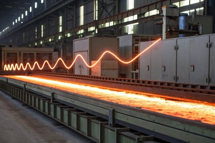 Annealing lehr conveyor line glowing hot showing glass bottle stress relief process