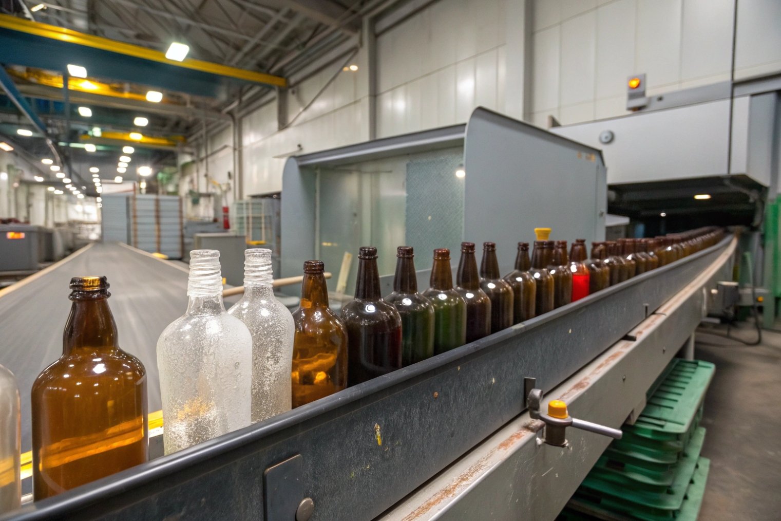 Mixed glass bottles traveling on a long conveyor inside an industrial facility