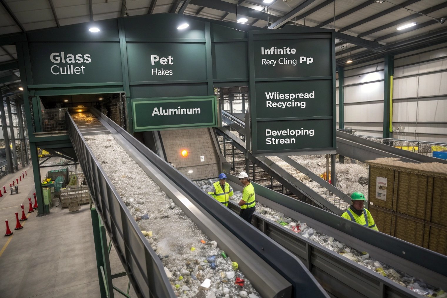 recycling facility sorting glass cullet pet flakes and aluminum packaging