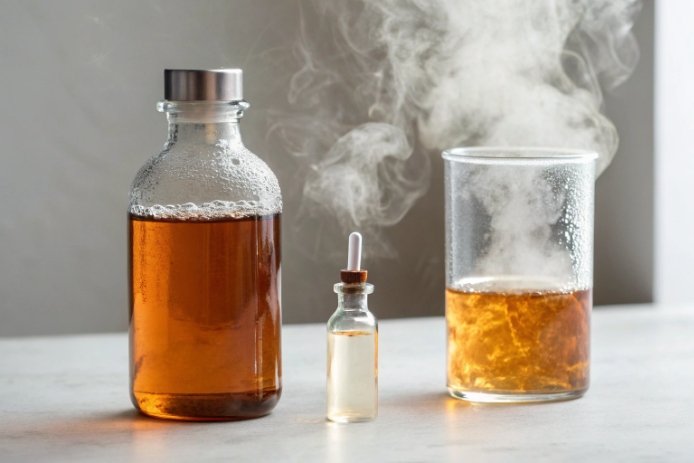 Glass bottle and beaker with steaming hot liquid showing thermal shock resistance experiment