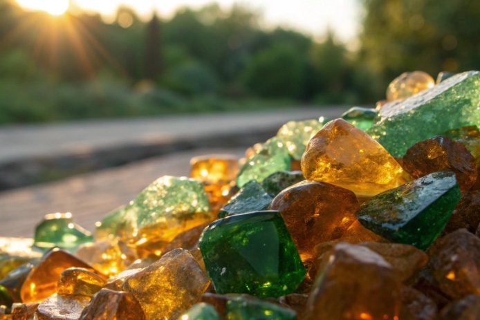 Green and amber recycled glass cullet stones glowing in sunlight outdoors