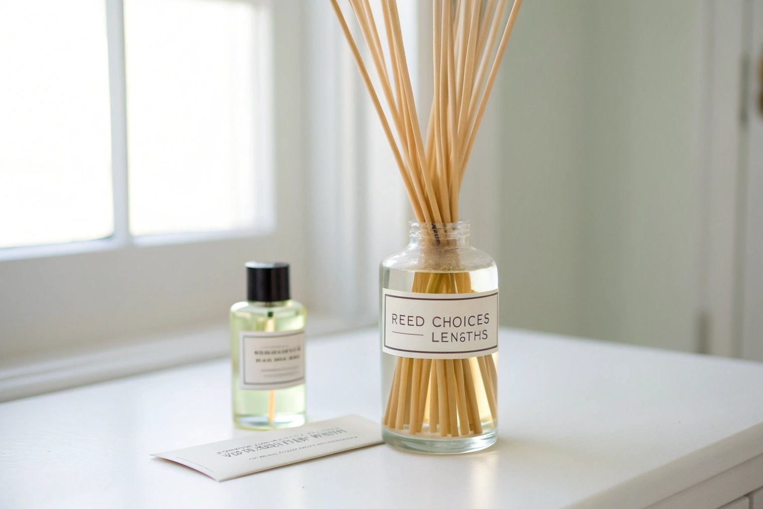 clear glass reed diffuser bottle labeled reed choices lengths on white table