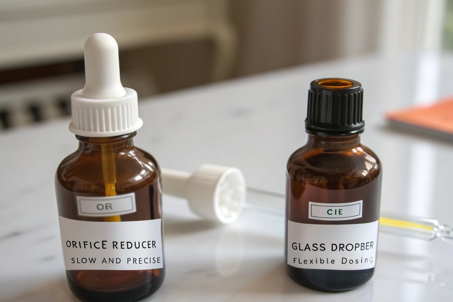 two amber bottles, one with a white orifice-reducer cap and one with a black glass-dropper cap