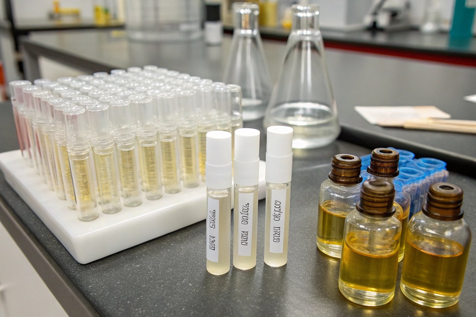 Perfume and fragrance samples in glass vials and amber bottles on laboratory testing bench.