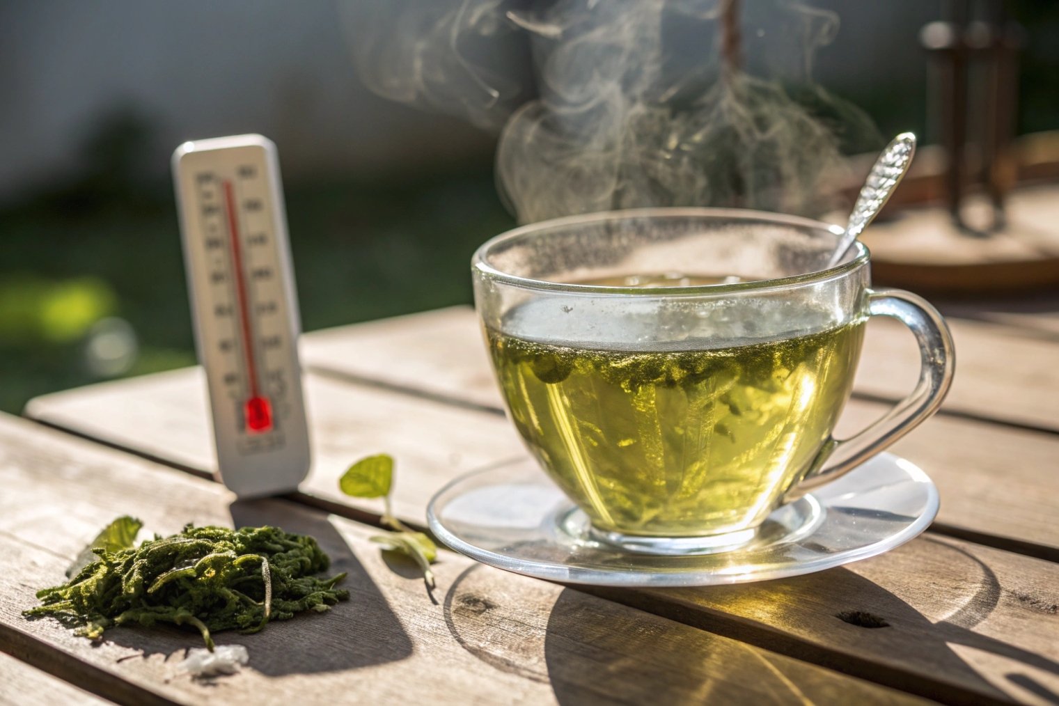 Steaming glass cup of green tea with loose leaves visible, sitting outdoors on a wooden table next to a thermometer and a small pile of dried tea