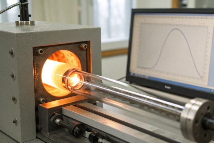 Glass tube heated in laboratory furnace with monitor graph for viscosity measurement