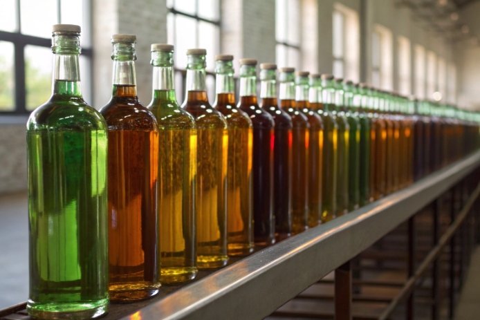 Row of green and amber glass bottles on production line for color quality inspection