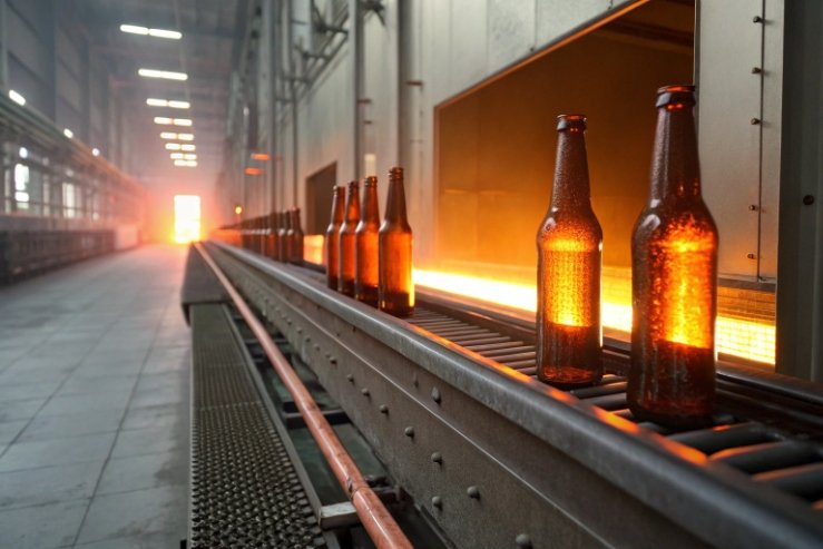 Amber beer bottles on conveyor exiting annealing oven in glass factory
