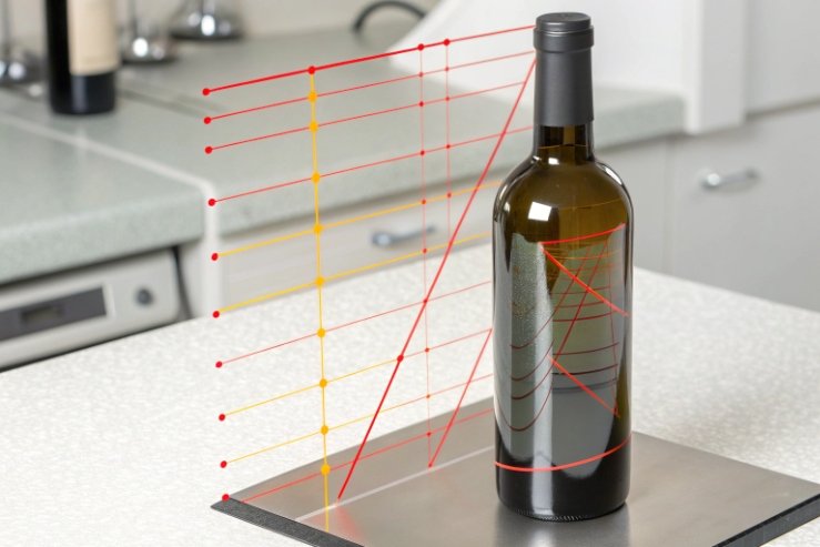 Automated vision inspection scanning wine bottle for defects and dimensions
