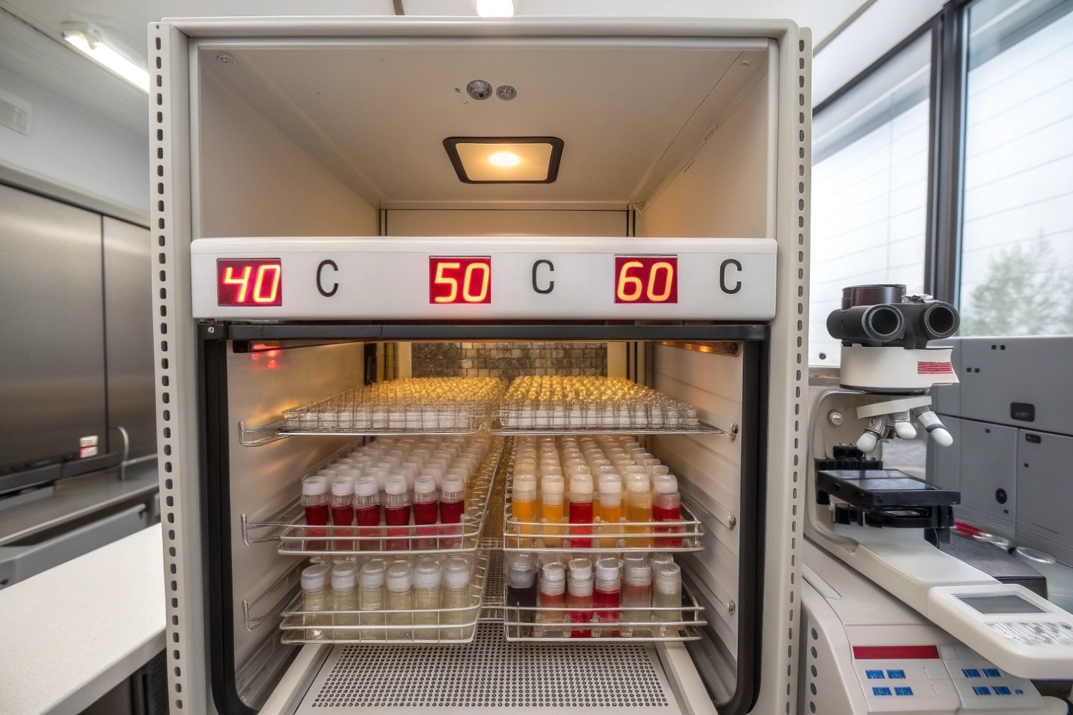 Temperature controlled chamber with vials for accelerated stability testing at multiple levels