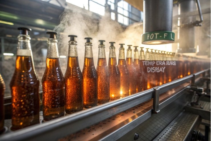 Hot-fill bottling line with amber glass bottles steaming under temperature control in beverage factory.