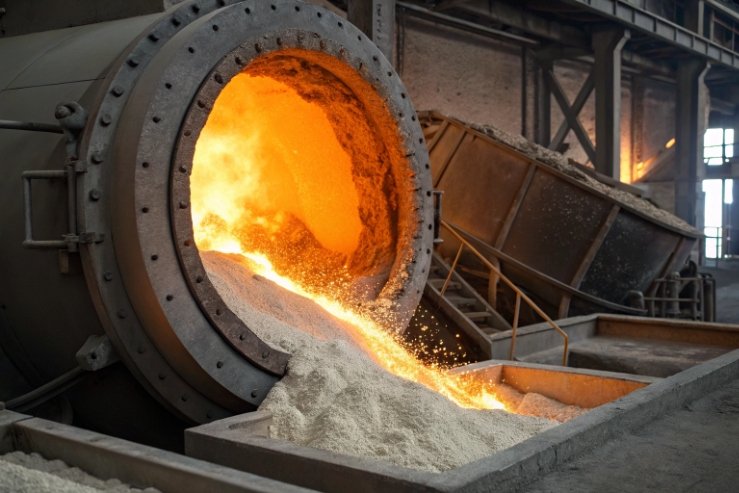 Molten glass pouring from furnace into batch material for bottle production