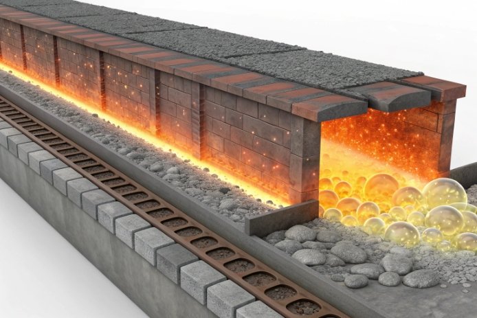 Cutaway furnace channel showing molten glass flow, refractory lining, and fining bubble rise
