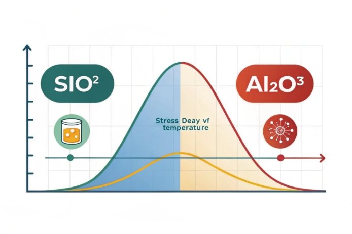 SiO2 and Al2O3 chart showing stress decay versus temperature in glass