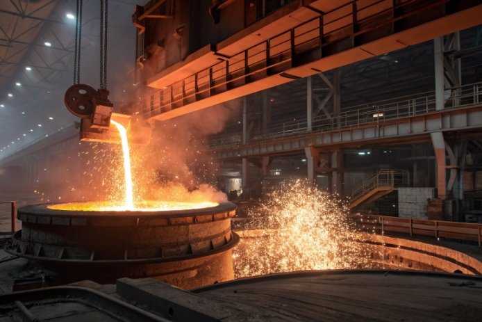Molten glass pouring into tank furnace with sparks during refining operation