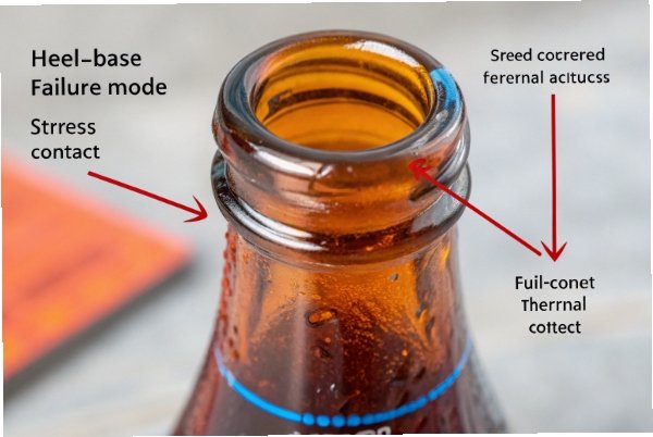Beer bottle neck defect diagram showing heel base failure and thermal stress