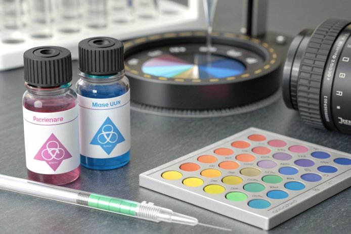 Colorant sample vials with swatch chart for glass tint matching and QA