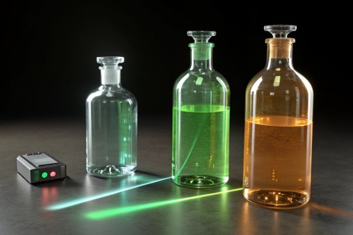 Glass bottles with colored liquids under laser beam for optical testing