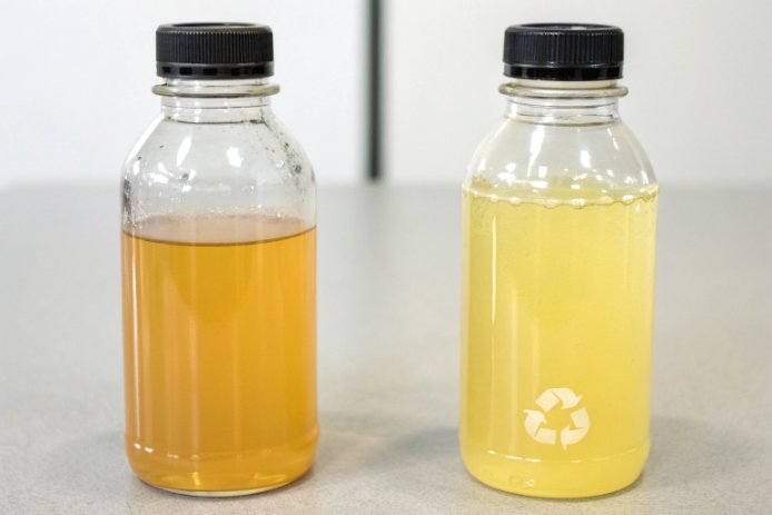 Two clear sample bottles filled with yellow liquids showing recyclable packaging concept
