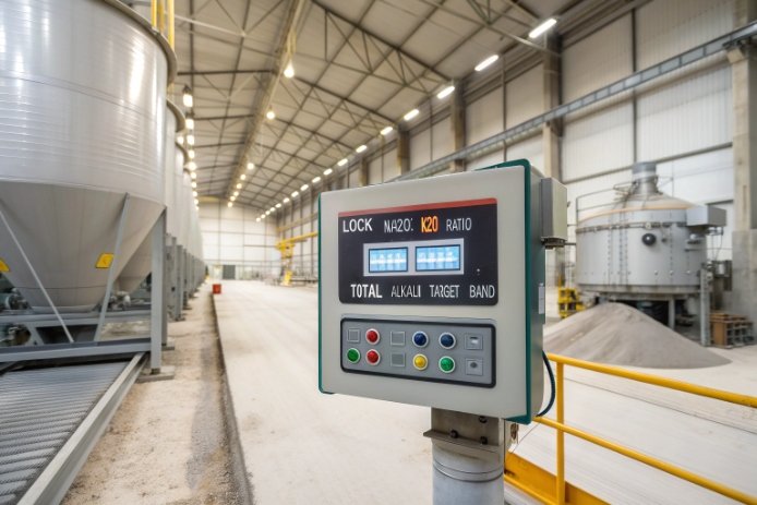 Factory control panel monitoring locked Na2O to K2O ratio and total alkali band