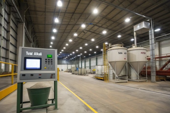 Raw material silos and total alkali monitor for soda ash and potash batching